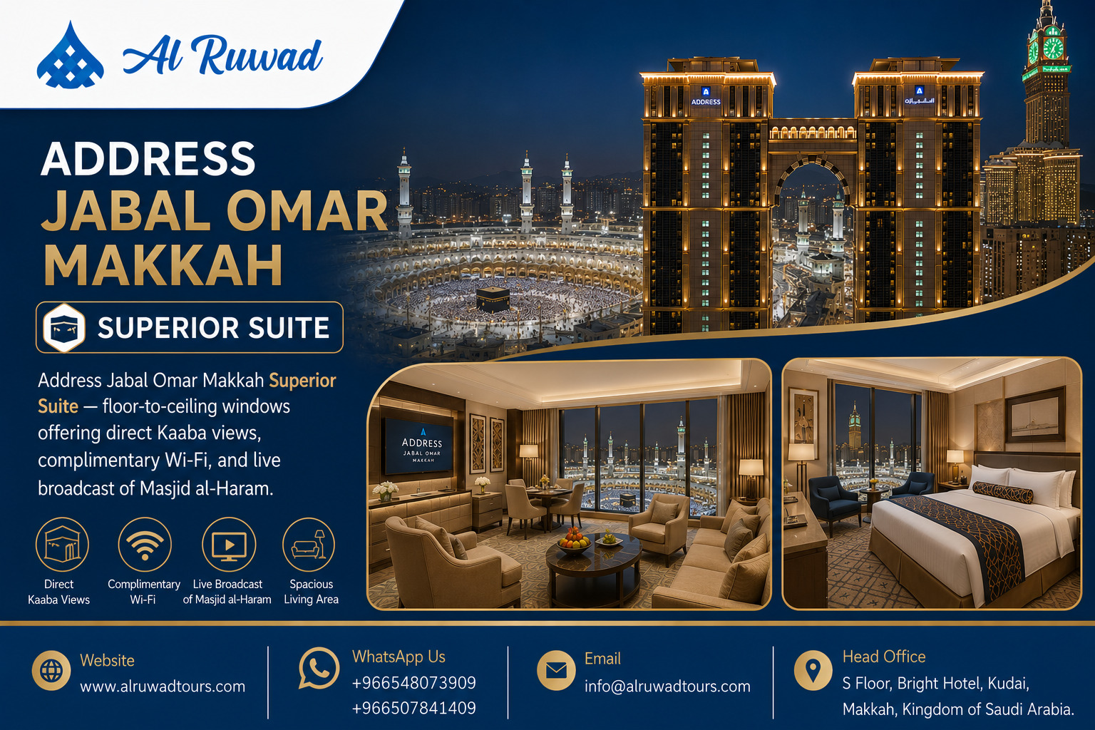 Address Jabal Omar Makkah luxury superior suite interior with panoramic Kaaba view window