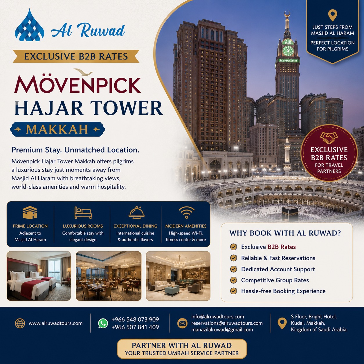 Mövenpick Hajar Tower Makkah exterior view with Clock Tower and Haram in the background