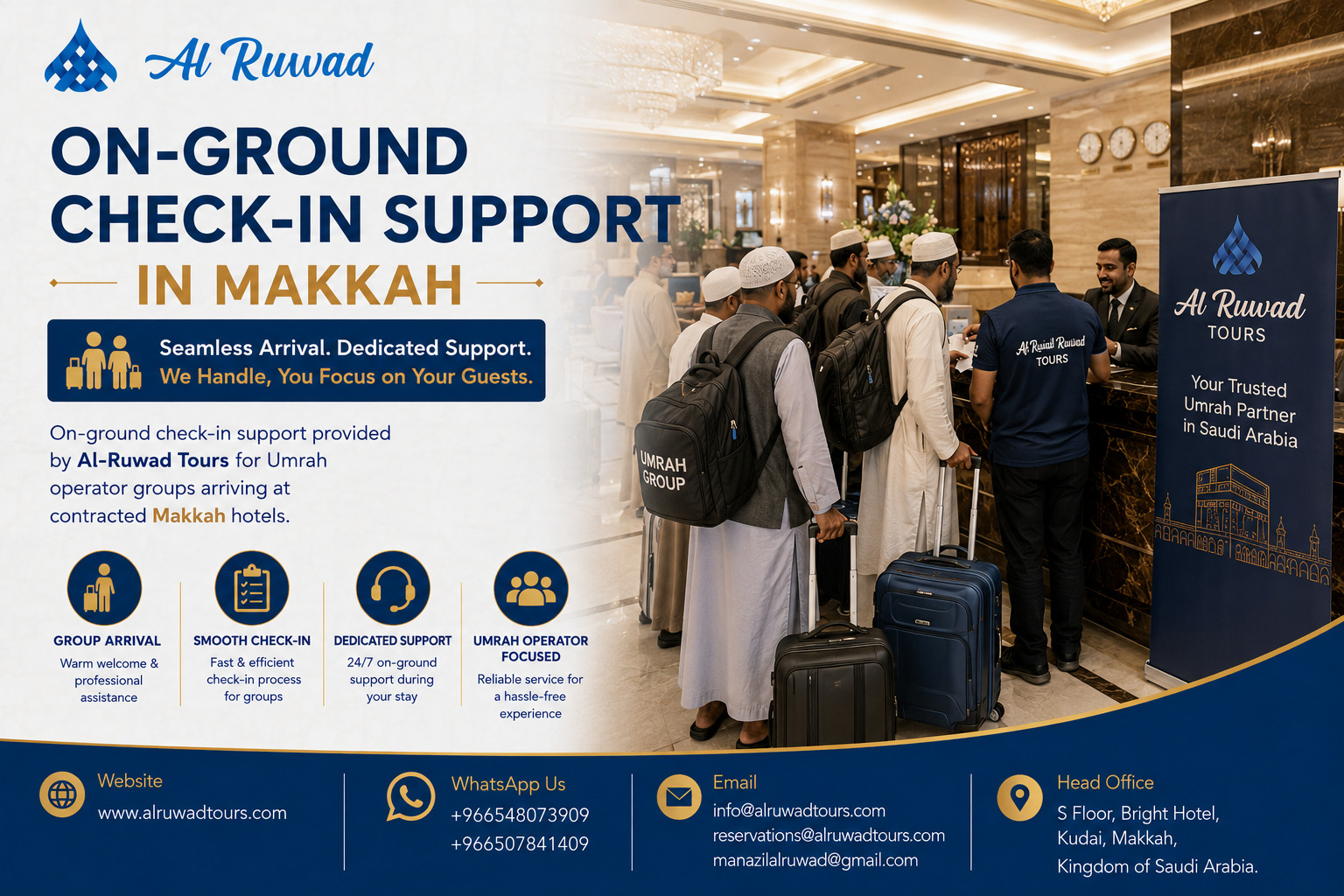 Umrah group operator representatives coordinating check-in at Makkah hotel lobby
