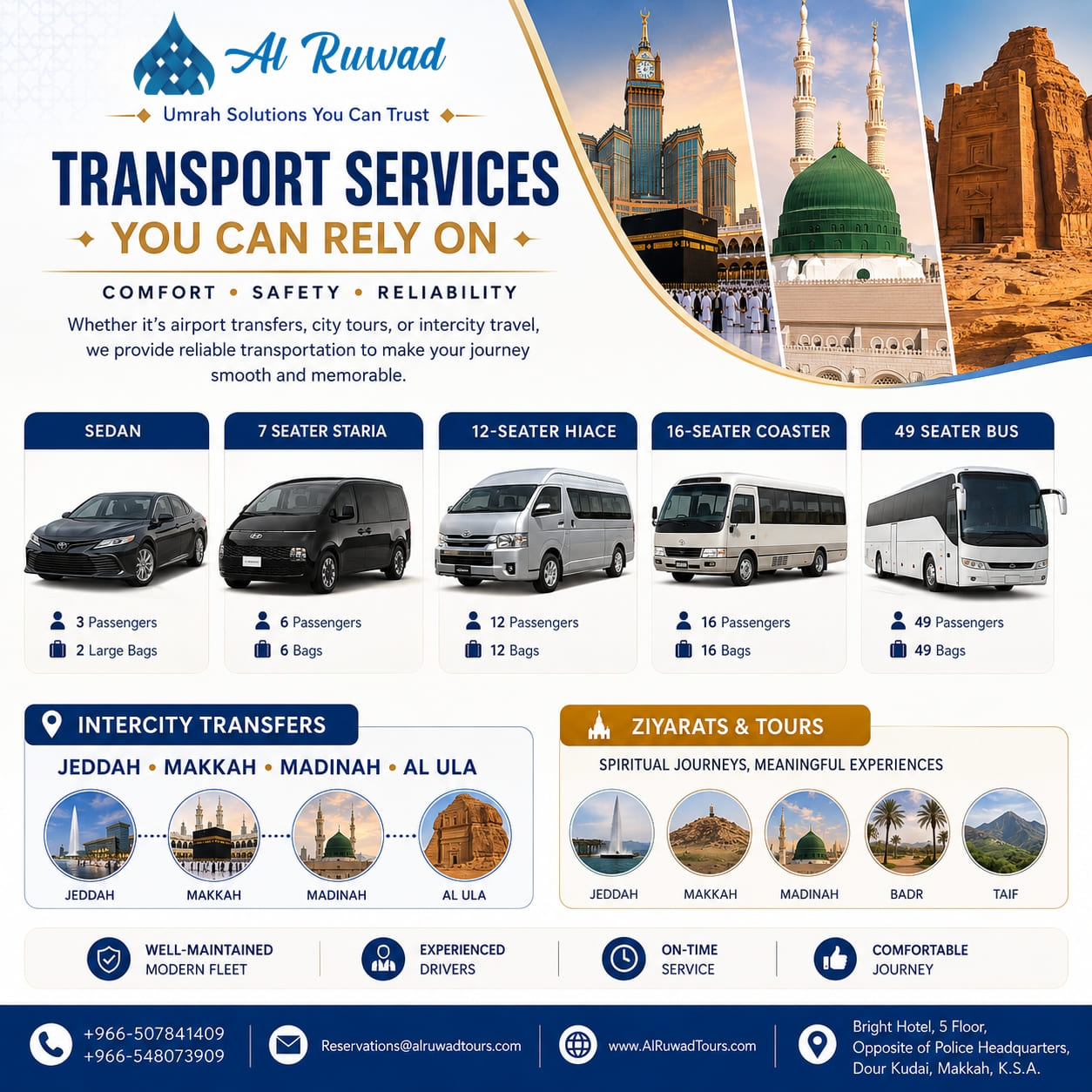 Al Ruwad Transportation fleet from Sedan to 49-seater VIP bus