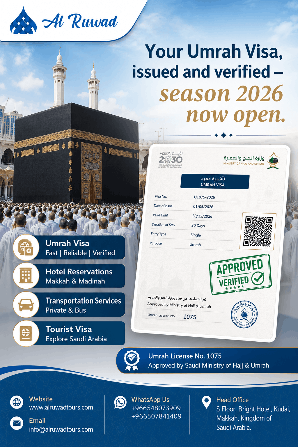 Umrah Visa Saudi Arabia approval document with Kaaba backdrop